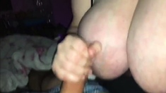 He cums on her big natural tits