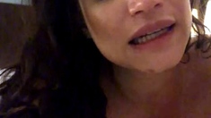 Amateur busty brunette masturbates and does hand job