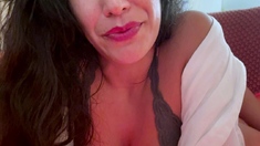 Amateur busty brunette masturbates and does hand job