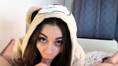 sexy girl in cute bear costume jumps on dick and sucks cock