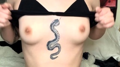 Small tit brunette amateur tugs on a big willie