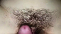 Pumping a load into my girl's hairy cunt