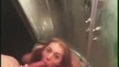 Blonde girl fucked under the shower and sucks dick